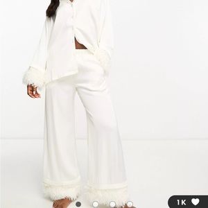 ASOS Lindex Bridal faux feather trim long sleeve pajama set in white, size M